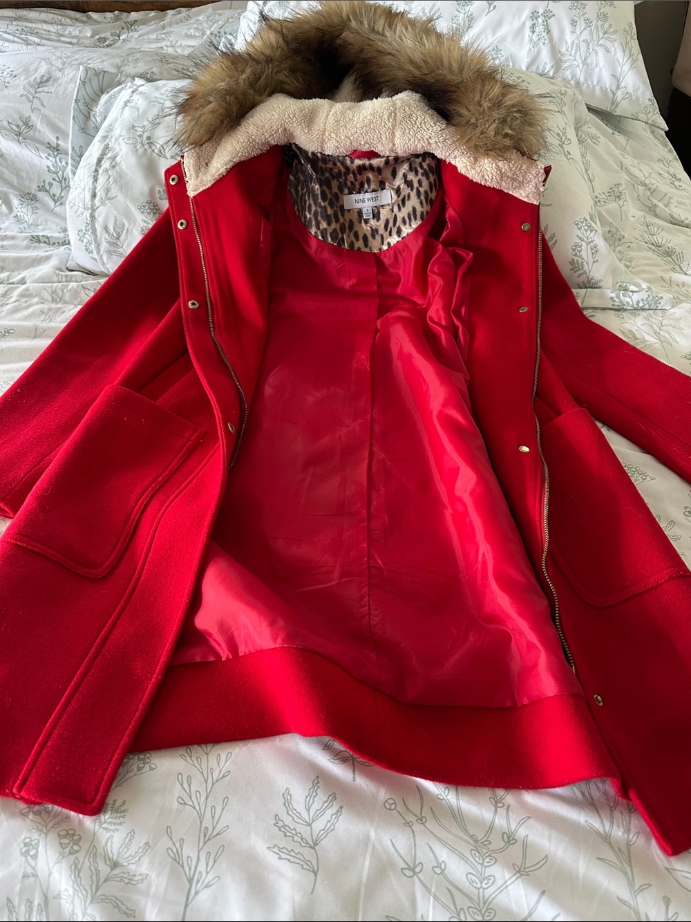 Nine West Red Faux-Fur Trim Hooded Pea Coat
